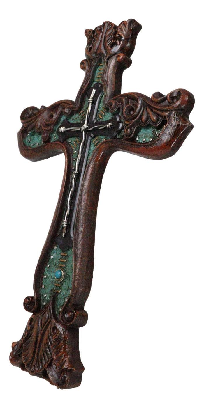 Ebros Gift Rustic Faux Wood Carving Floral Scroll With Layered Barbed Wires Wall Cross