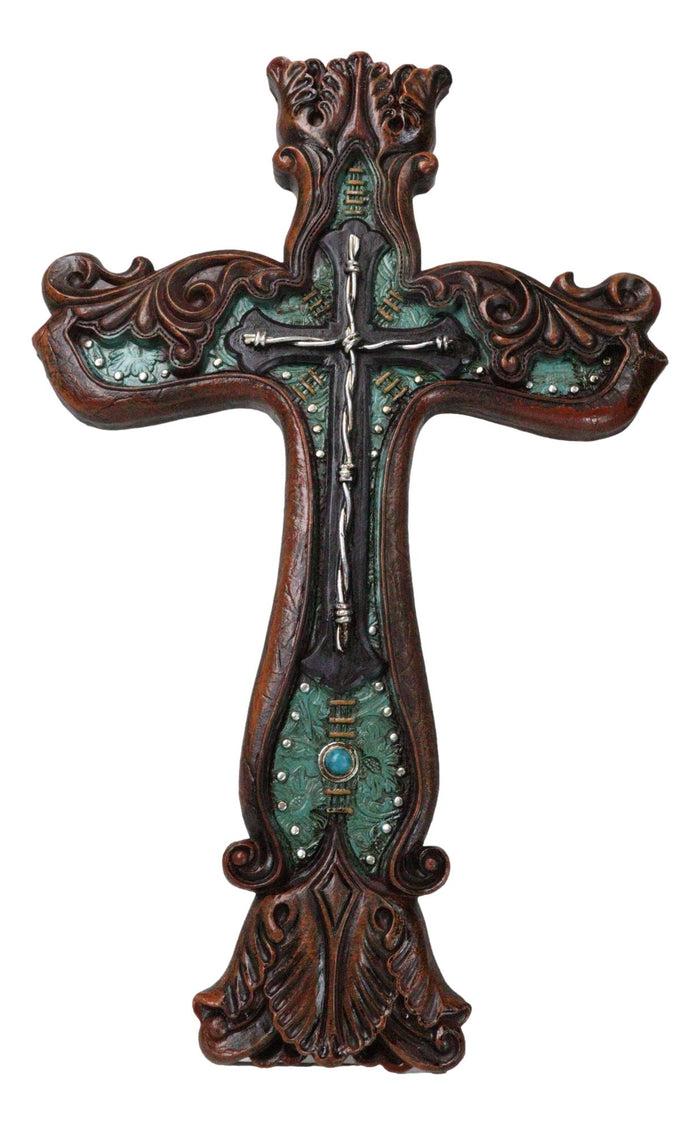 ebros gift Rustic Faux Wood Carving Floral Scroll With Layered Barbed Wires Wall Cross