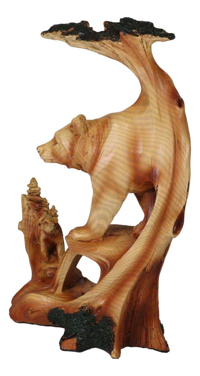 Ebros Gift Rustic Faux Wood Forest Scene Grizzly Bear With Cub Hunting Figurine Collectible Sculpture