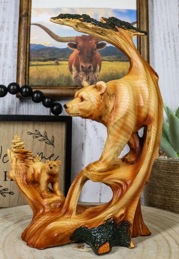 ebros gift Rustic Faux Wood Forest Scene Grizzly Bear With Cub Hunting Figurine Collectible Sculpture