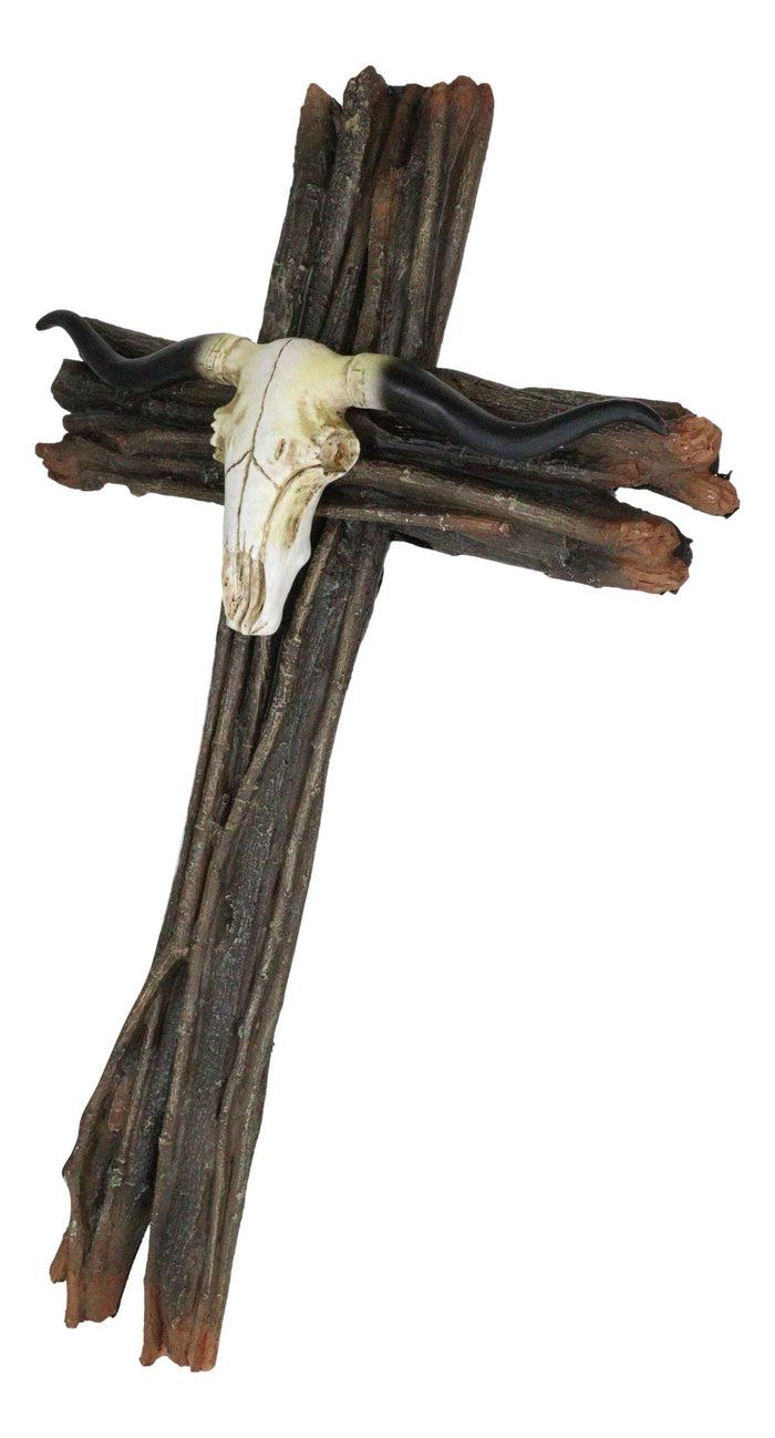 Ebros Gift Rustic Faux Wood Logs Western Longhorn Bull Cow Skull Wall Cross Decor Plaque