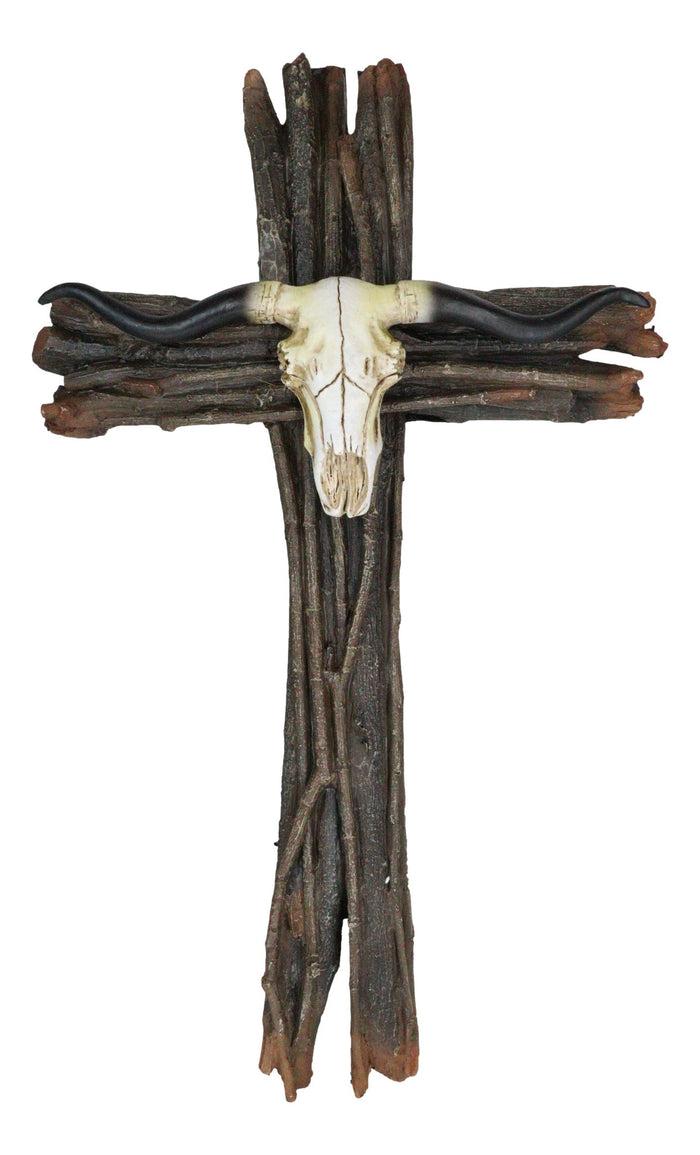 Ebros Gift Rustic Faux Wood Logs Western Longhorn Bull Cow Skull Wall Cross Decor Plaque