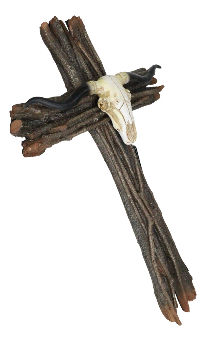 Ebros Gift Rustic Faux Wood Logs Western Longhorn Bull Cow Skull Wall Cross Decor Plaque