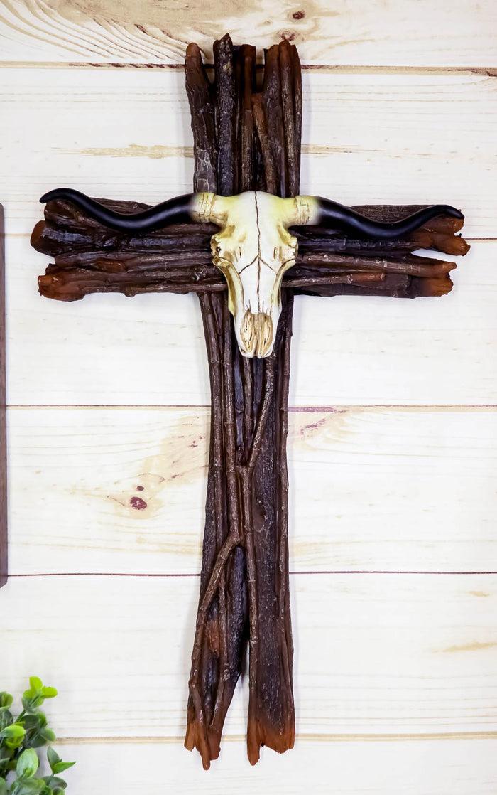 ebros gift Rustic Faux Wood Logs Western Longhorn Bull Cow Skull Wall Cross Decor Plaque