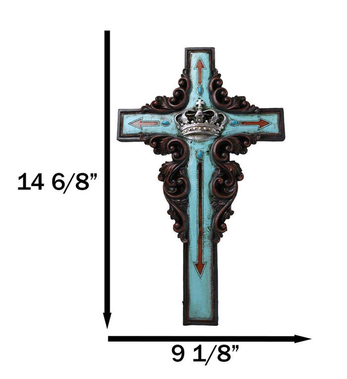 Ebros Gift Rustic Faux Wood Turquoise Floral Scrollwork Arrows And King's Crown Wall Cross