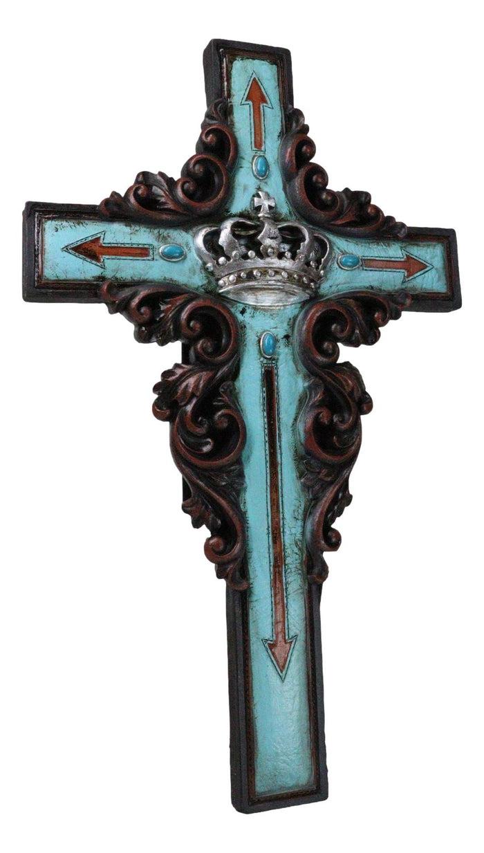 Ebros Gift Rustic Faux Wood Turquoise Floral Scrollwork Arrows And King's Crown Wall Cross