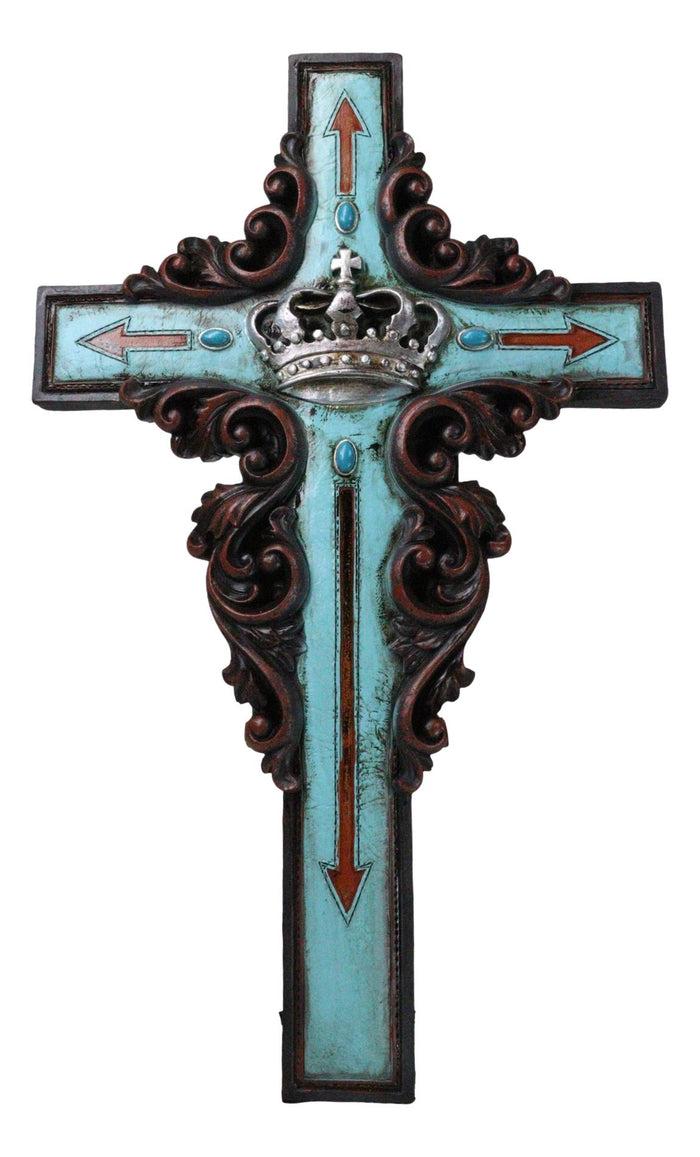 ebros gift Rustic Faux Wood Turquoise Floral Scrollwork Arrows And King's Crown Wall Cross