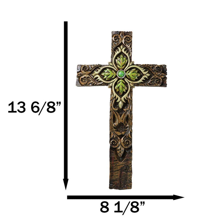 Ebros Gift Rustic Faux Wooden Fleur De Lis Scrollwork With Green Leaf Foliage Wall Cross