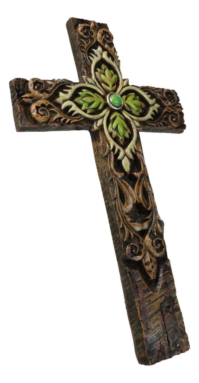 Ebros Gift Rustic Faux Wooden Fleur De Lis Scrollwork With Green Leaf Foliage Wall Cross