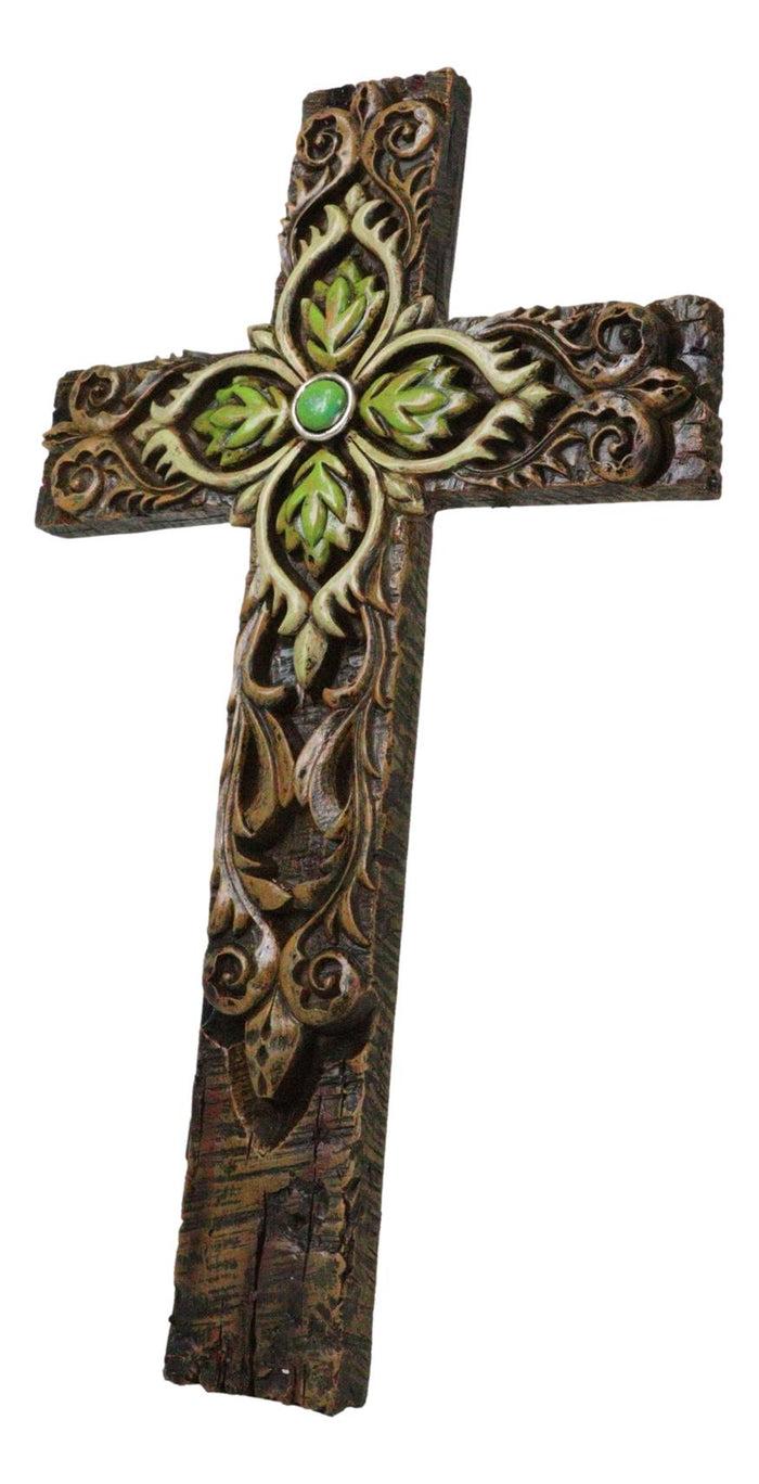 Ebros Gift Rustic Faux Wooden Fleur De Lis Scrollwork With Green Leaf Foliage Wall Cross