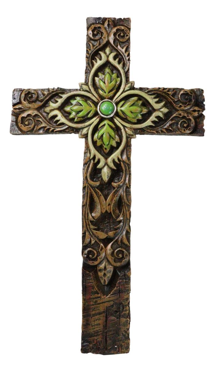 ebros gift Rustic Faux Wooden Fleur De Lis Scrollwork With Green Leaf Foliage Wall Cross