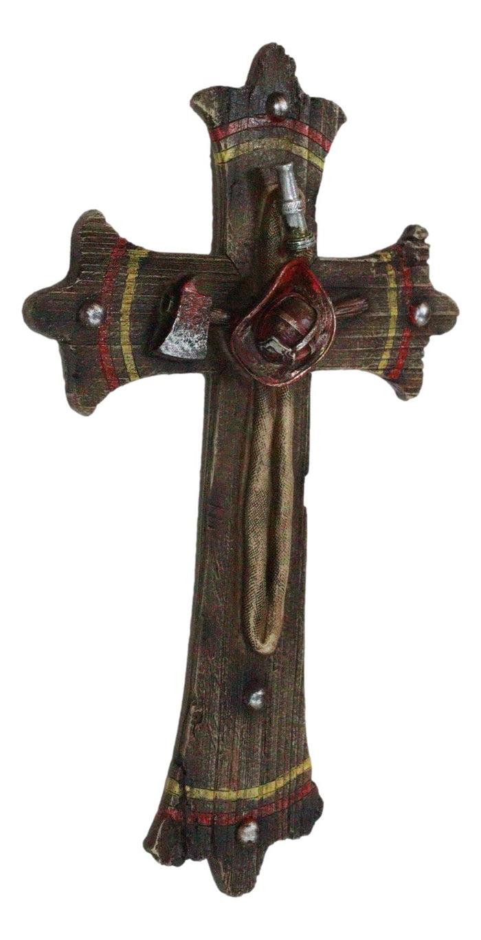 Ebros Gift Rustic Fire Fighter Tools Fireman Axe Helmet Water Hose Faux Wood Wall Cross