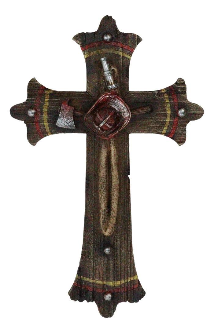 Ebros Gift Rustic Fire Fighter Tools Fireman Axe Helmet Water Hose Faux Wood Wall Cross