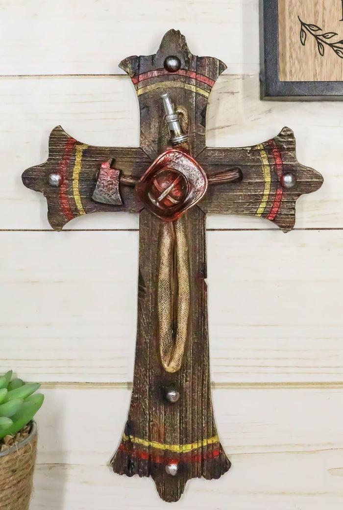 ebros gift Rustic Fire Fighter Tools Fireman Axe Helmet Water Hose Faux Wood Wall Cross