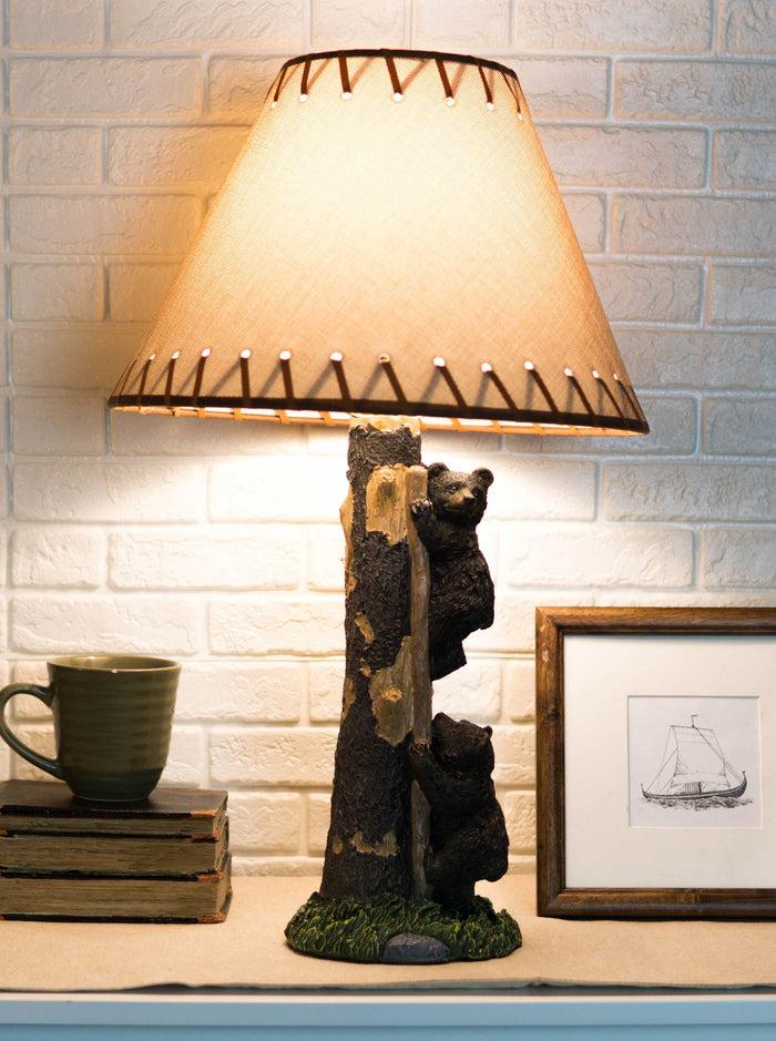 ebros gift Rustic Forest 2 Bear Cubs Climbing Tree Ladder Table Lamp Statue with Shade 23"H