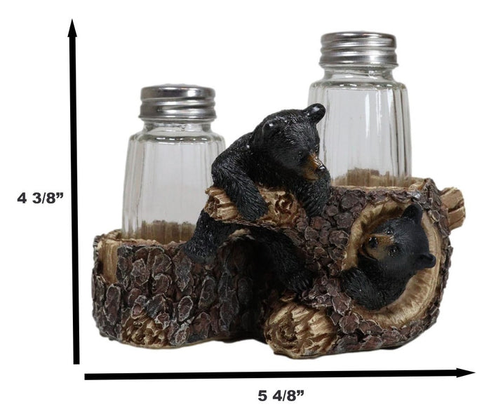 Ebros Gift Rustic Forest 2 Black Bear Cubs Playing By Tree Logs Salt Pepper Shakers Holder