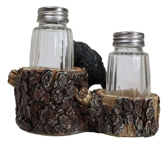 Ebros Gift Rustic Forest 2 Black Bear Cubs Playing By Tree Logs Salt Pepper Shakers Holder