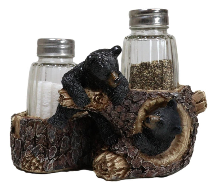 Ebros Gift Rustic Forest 2 Black Bear Cubs Playing By Tree Logs Salt Pepper Shakers Holder