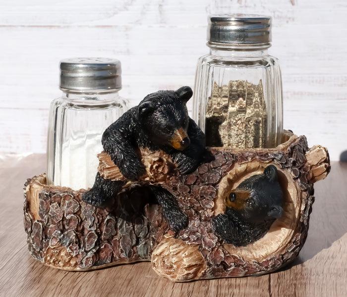 ebros gift Rustic Forest 2 Black Bear Cubs Playing By Tree Logs Salt Pepper Shakers Holder
