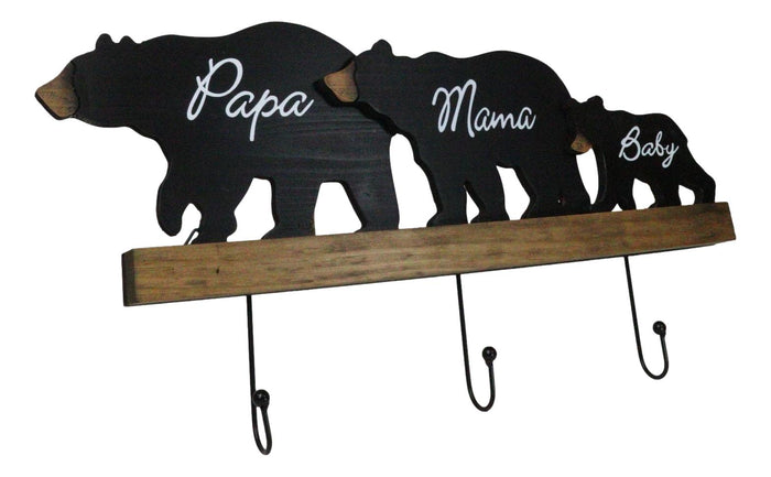 Ebros Gift Rustic Forest Black Bear Family Papa Mama Baby Silhouette 3 Pegs Wall Hooks 20"L
