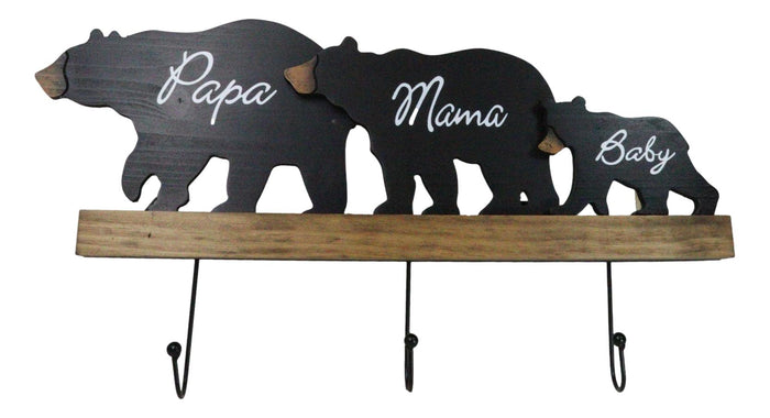 ebros gift Rustic Forest Black Bear Family Papa Mama Baby Silhouette 3 Pegs Wall Hooks 20"L