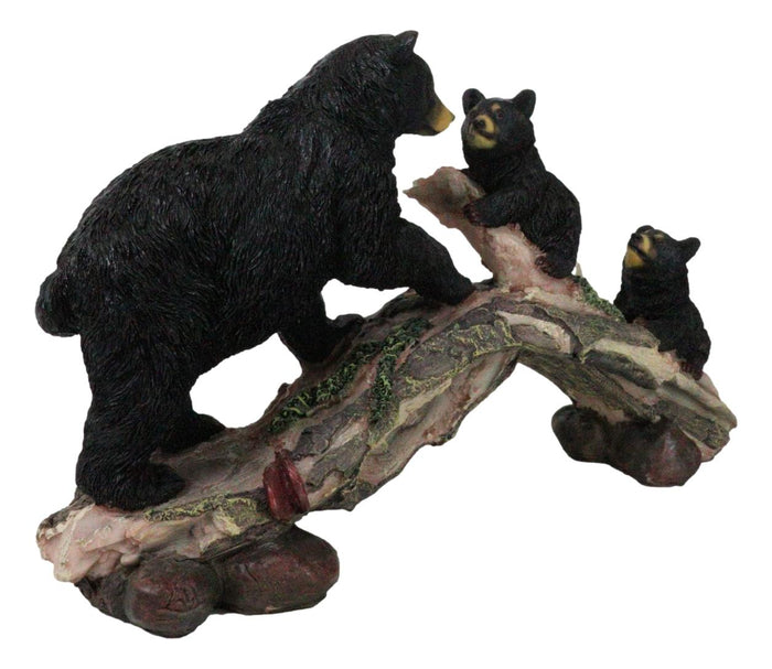 Ebros Gift Rustic Forest Black Bear Mother And 2 Cubs Climbing On Tree Log Bridge Figurine