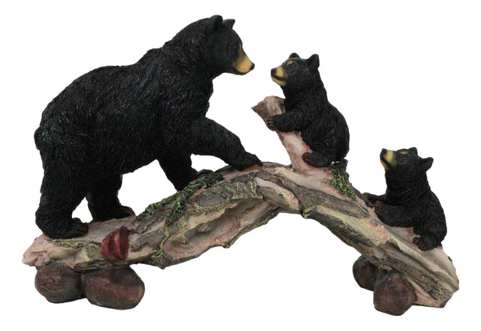 Ebros Gift Rustic Forest Black Bear Mother And 2 Cubs Climbing On Tree Log Bridge Figurine