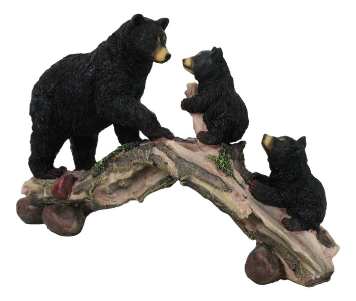 ebros gift Rustic Forest Black Bear Mother and 2 Cubs Climbing On Tree Log Bridge Figurine