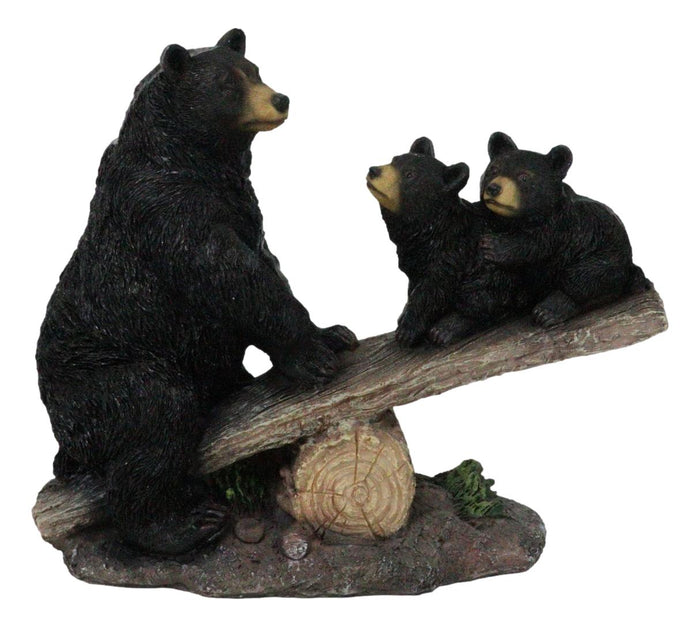 ebros gift Rustic Forest Black Bear Mother and 2 Cubs Sitting On Tree Logs Seesaw Figurine