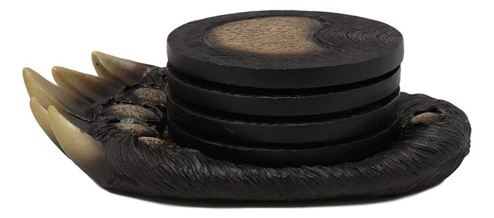 Ebros Gift Rustic Forest Black Bear Paw With Claws Coaster Holder With 4 Round Coasters Set