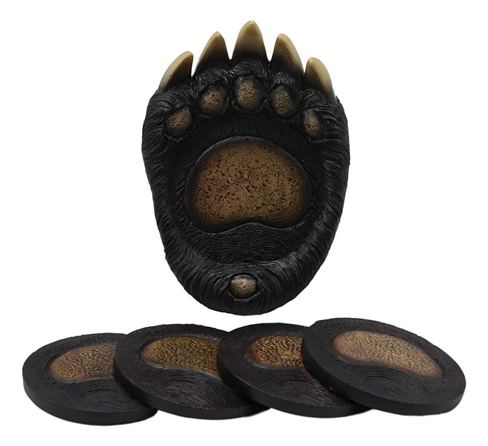 Ebros Gift Rustic Forest Black Bear Paw With Claws Coaster Holder With 4 Round Coasters Set