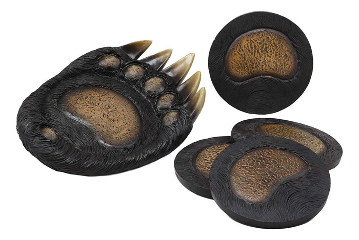Ebros Gift Rustic Forest Black Bear Paw With Claws Coaster Holder With 4 Round Coasters Set