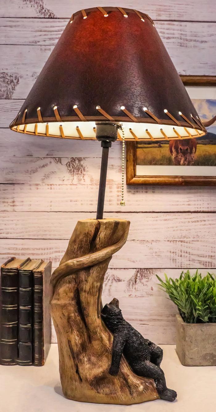 ebros gift Rustic Forest Black Bear Sleeping On Tree Log Desktop Table Lamp With Shade