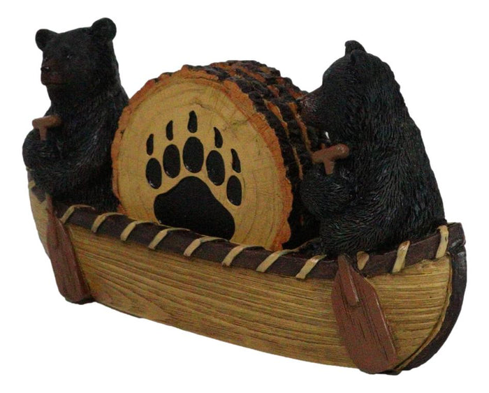Ebros Gift Rustic Forest Black Bears Rowing In Canoe Boat Bear Paw Tree Ring Coaster Set