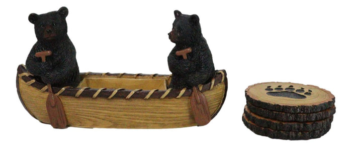 Ebros Gift Rustic Forest Black Bears Rowing In Canoe Boat Bear Paw Tree Ring Coaster Set