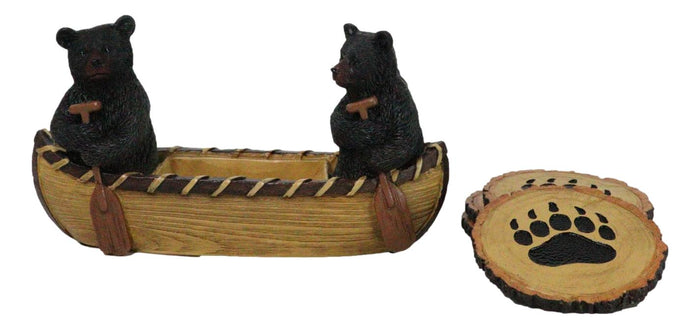 Ebros Gift Rustic Forest Black Bears Rowing In Canoe Boat Bear Paw Tree Ring Coaster Set