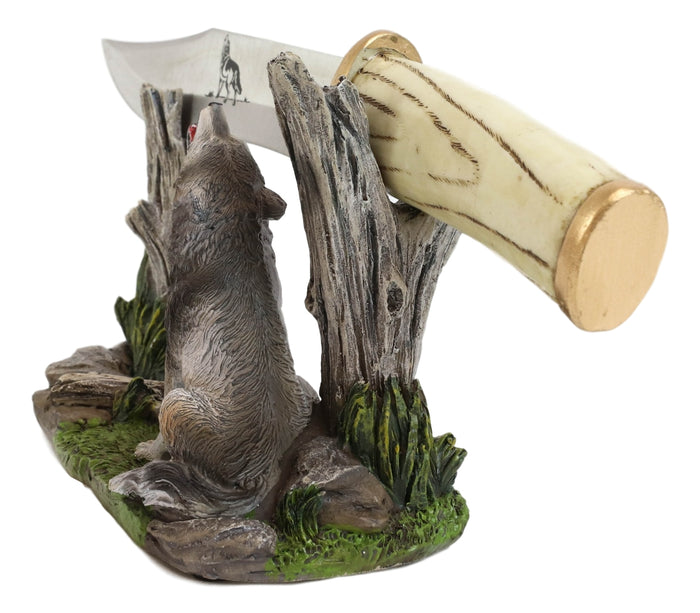 Ebros Gift Rustic Forest Howling Gray Wolf Display With Decorative Dagger Knife Statue Set