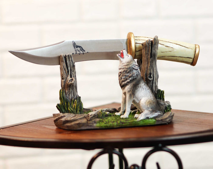 ebros gift Rustic Forest Howling Gray Wolf Display With Decorative Dagger Knife Statue Set