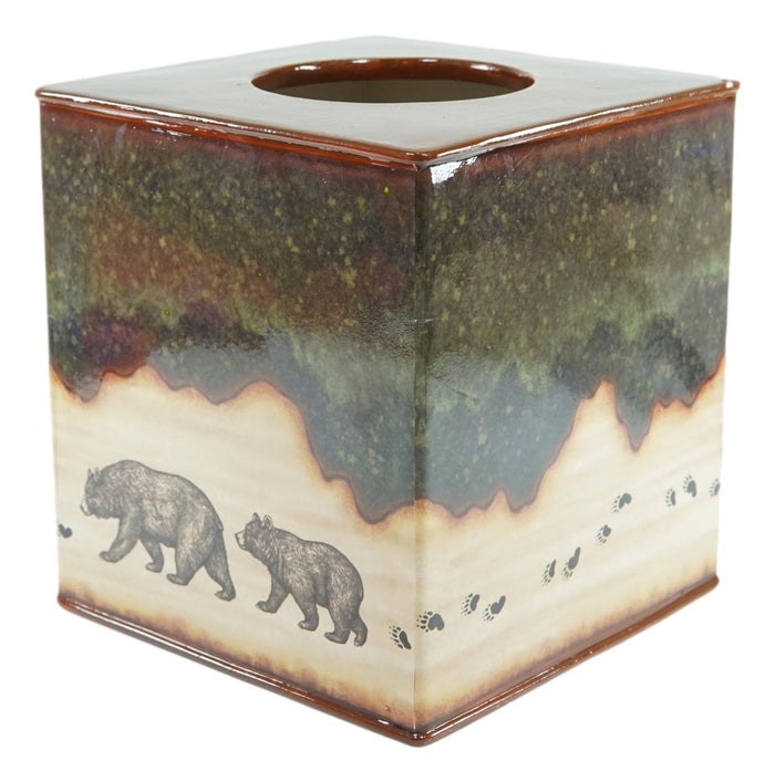 Ebros Gift Rustic Forest Mama Bear And Cub Family Pawprint Trail Tissue Box Cover Holder