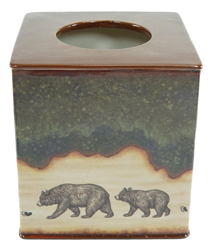 Ebros Gift Rustic Forest Mama Bear And Cub Family Pawprint Trail Tissue Box Cover Holder