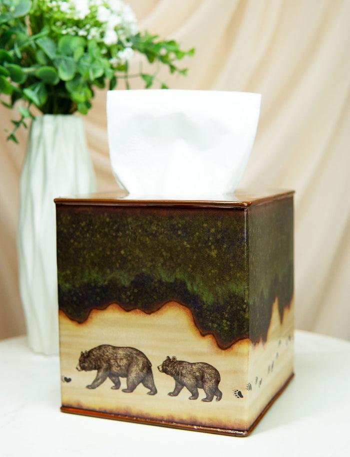 ebros gift Rustic Forest Mama Bear And Cub Family Pawprint Trail Tissue Box Cover Holder