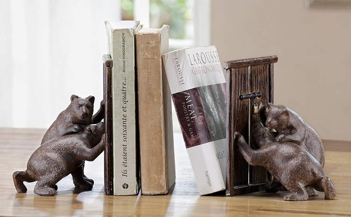ebros gift Rustic Forest Teamwork Bears Pushing Barn Doors Bookend Figurines Pair Set Decor