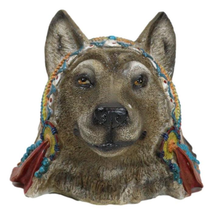 Ebros Gift Rustic Gray Wolf With Indian Chief Headdress Piggy Coin Money Bank Jar Figurine