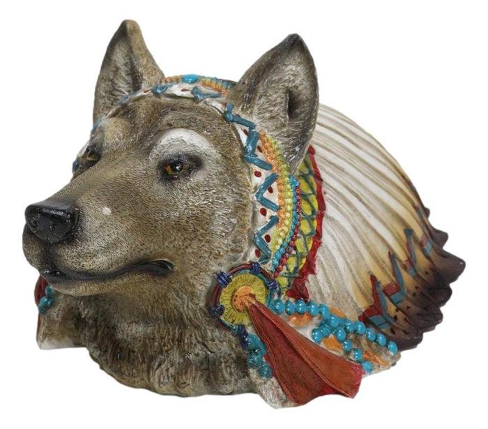 Ebros Gift Rustic Gray Wolf With Indian Chief Headdress Piggy Coin Money Bank Jar Figurine