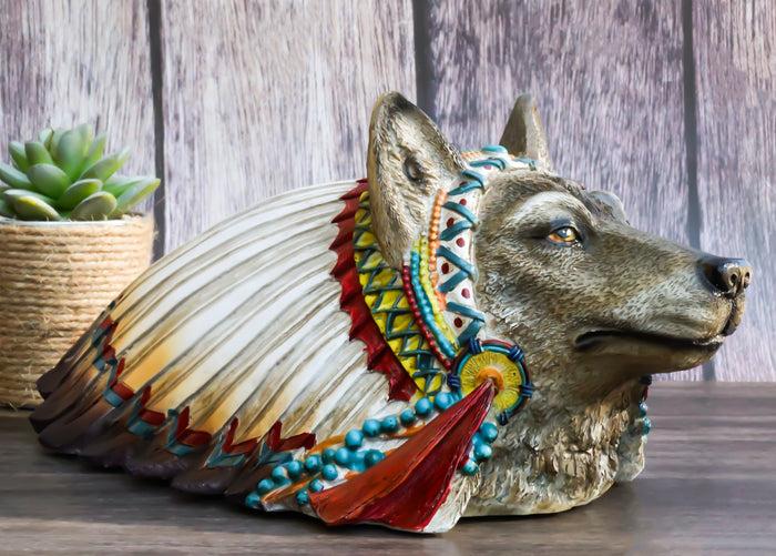 ebros gift Rustic Gray Wolf With Indian Chief Headdress Piggy Coin Money Bank Jar Figurine