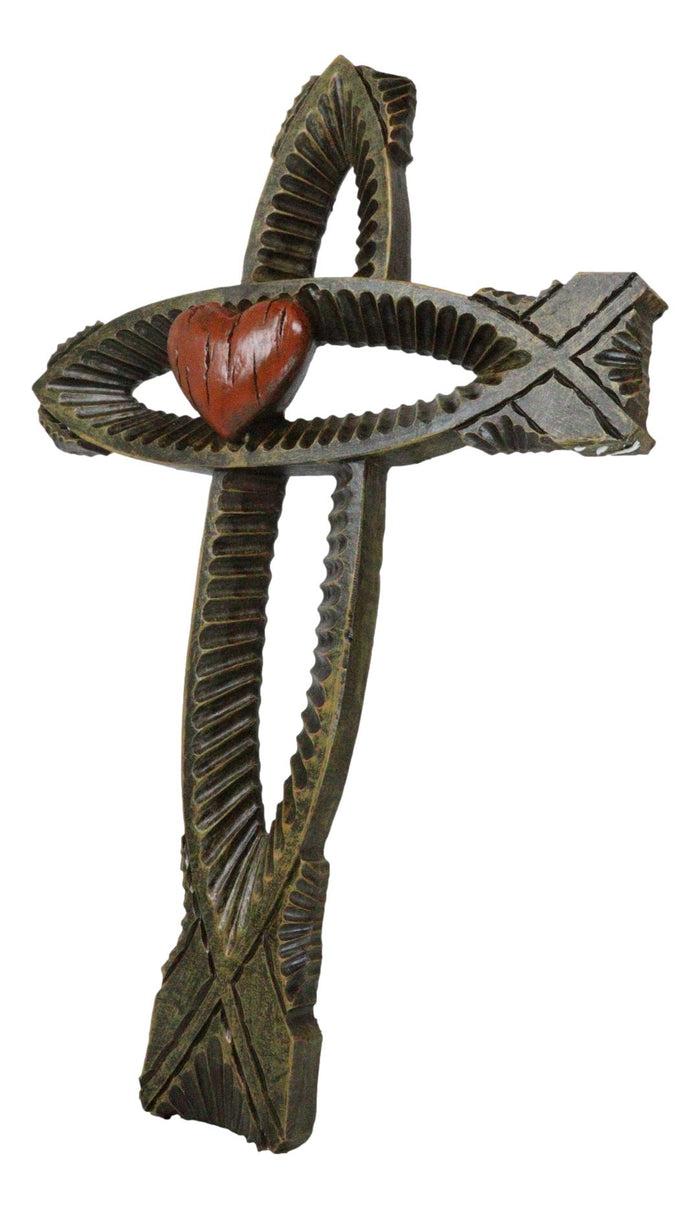 Ebros Gift Rustic Greek Fish Symbol Ichthys With Red Sacred Heart Fusion Wall Cross Decor