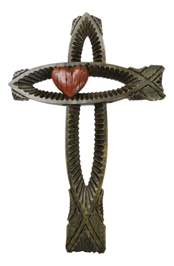 ebros gift Rustic Greek Fish Symbol Ichthys with Red Sacred Heart Fusion Wall Cross Decor