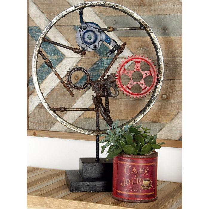 ebros gift Rustic Grey Metal Industrial Geared Clockwork Steampunk Wheel Sculpture W/ Base