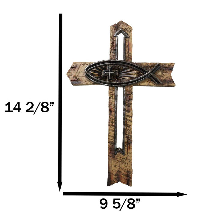 Ebros Gift Rustic Horizontal Ichthys Jesus Fish Symbol With Arrows Faux Wooden Wall Cross
