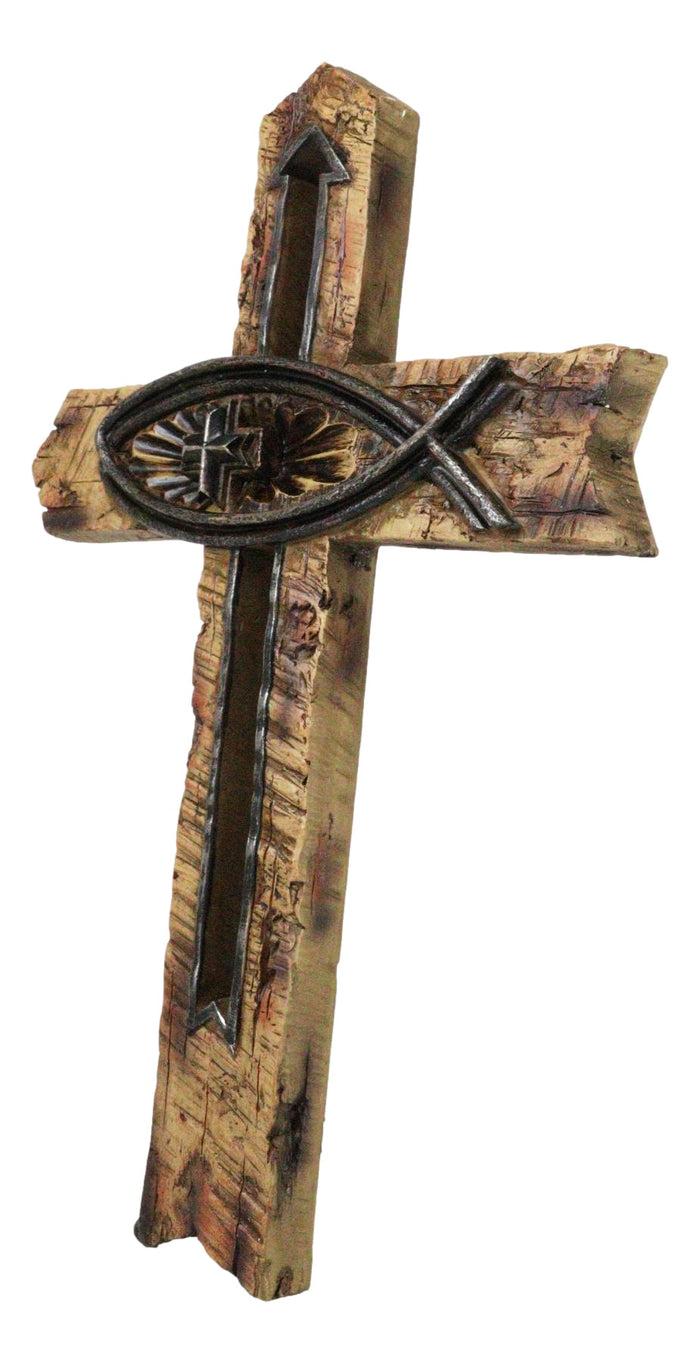 Ebros Gift Rustic Horizontal Ichthys Jesus Fish Symbol With Arrows Faux Wooden Wall Cross